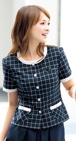 en joie(アンジョア) 26170 マリン調のデザインがかわいい夏の爽やかチェック柄のオーバーブラウス 93-26170