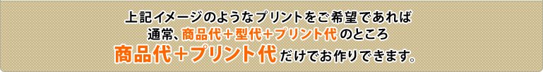 上記イメージのようなプリントをご希望であれば通常、商品代+型代+プリント代のところ商品代+プリント代だけでお作りできます。